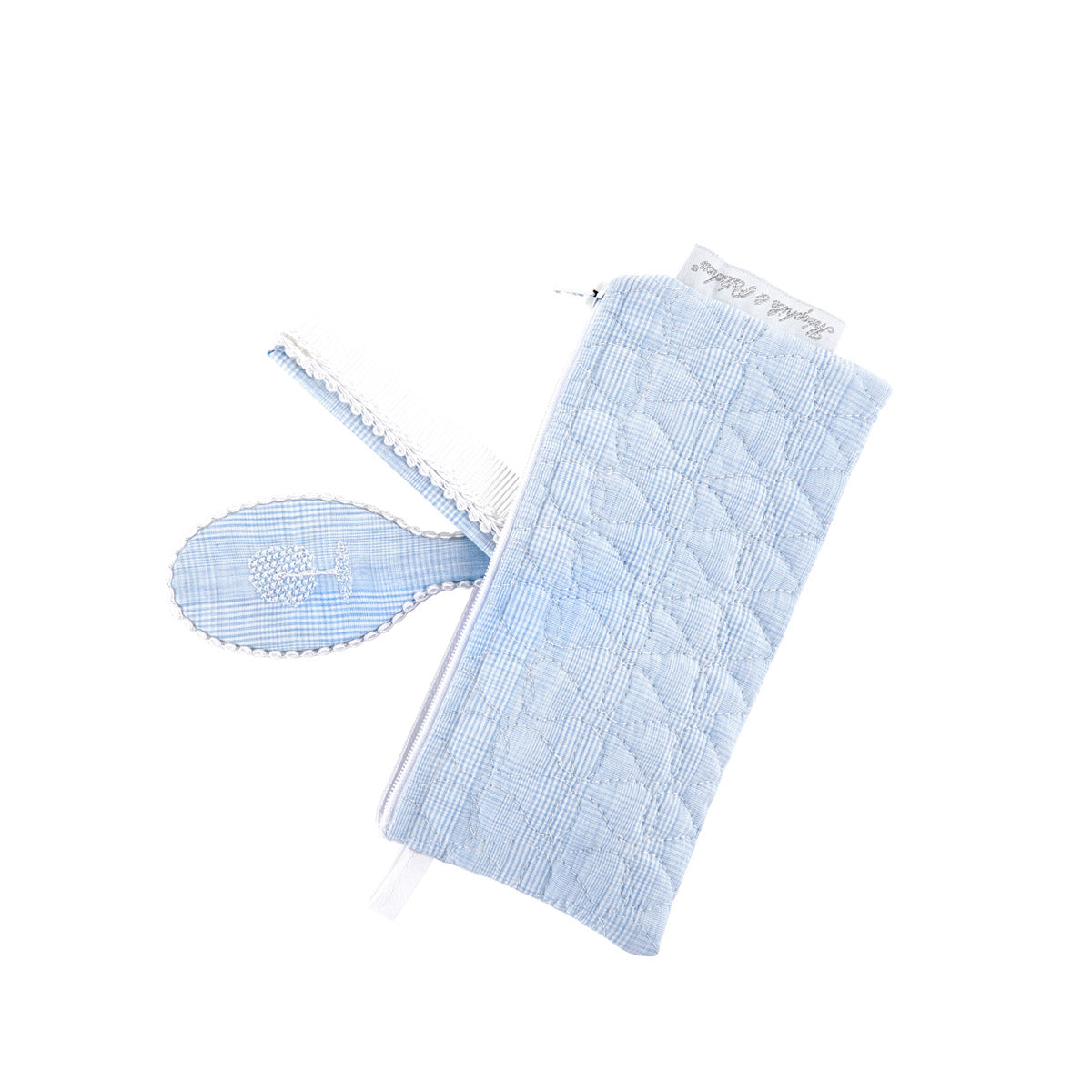 Theophile & Patachou Baby Brush and Comb Embroidered and Pouch - Sweet Blue