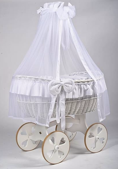 Adorable Tots Ophelia White Wicker Cradle - Heart Wheels