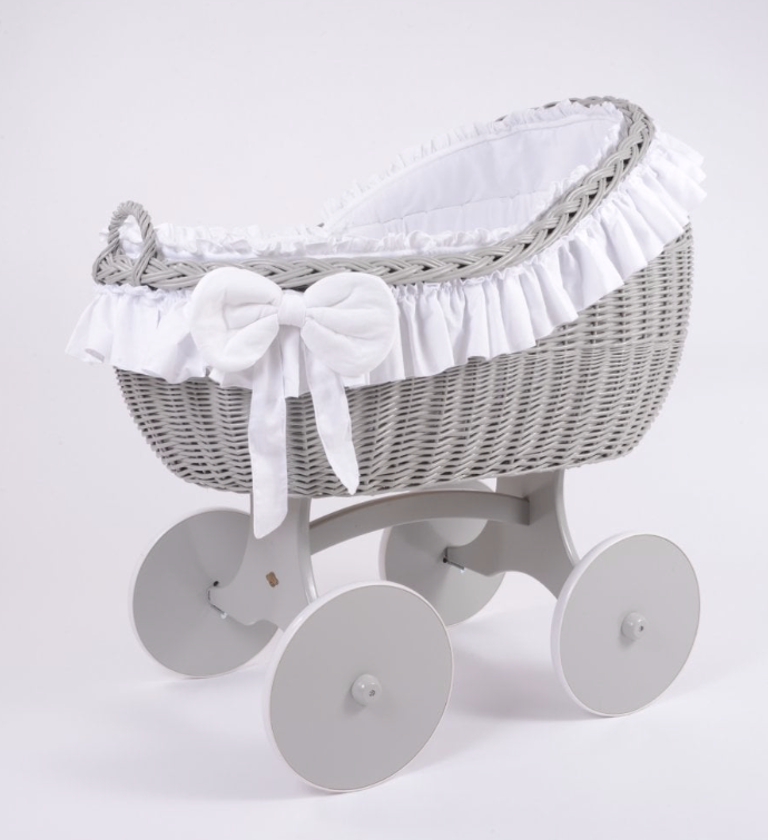 Adorable Tots Bianca Grey Wicker Cradle With Solid Wheels
