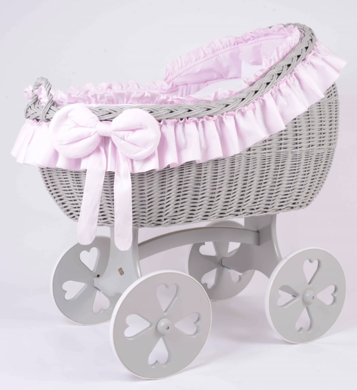 Adorable Tots Bianca Grey Wicker Cradle With Heart Wheels