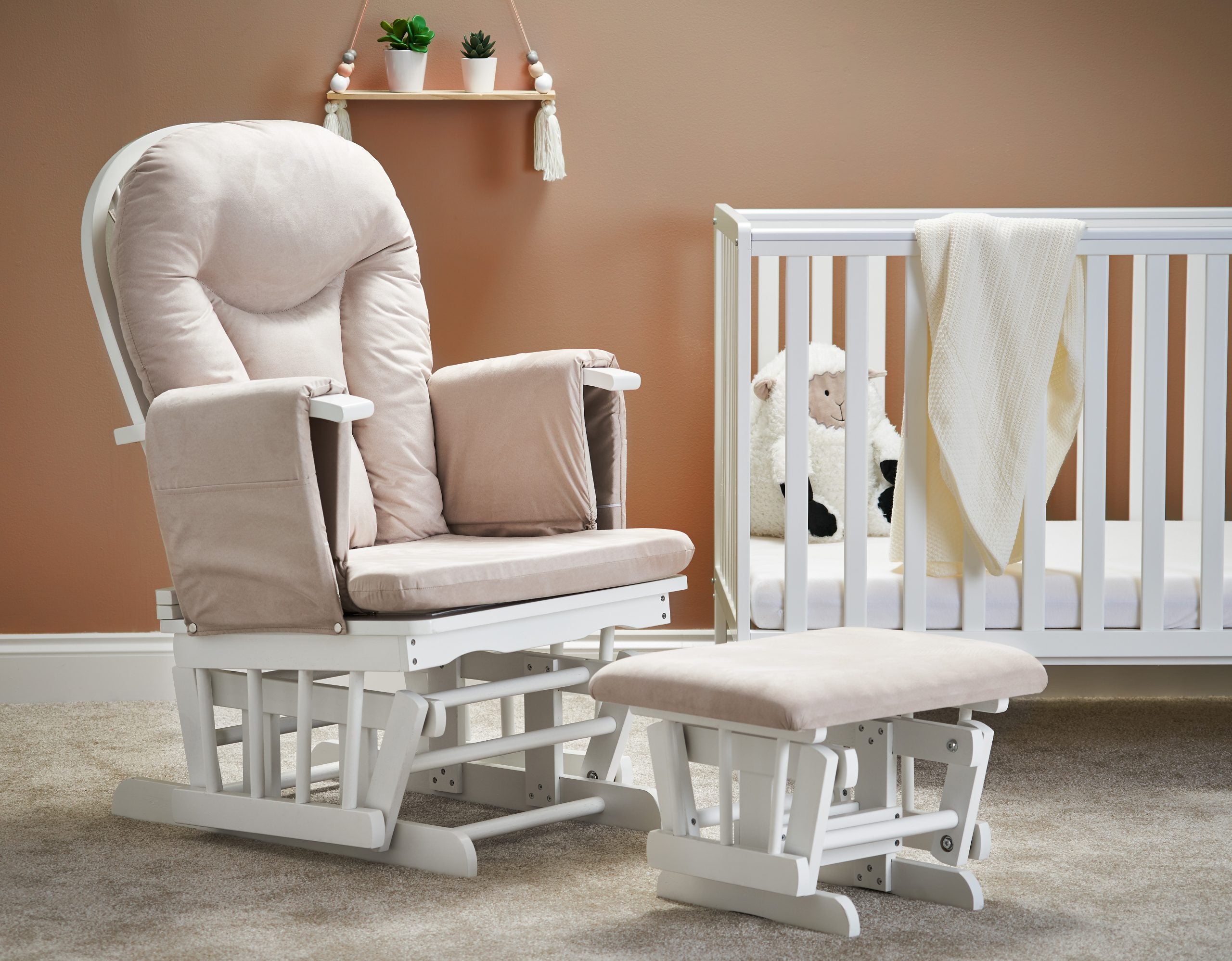 Obaby Reclining Glider Chair and Stool - White with Sand Cushion