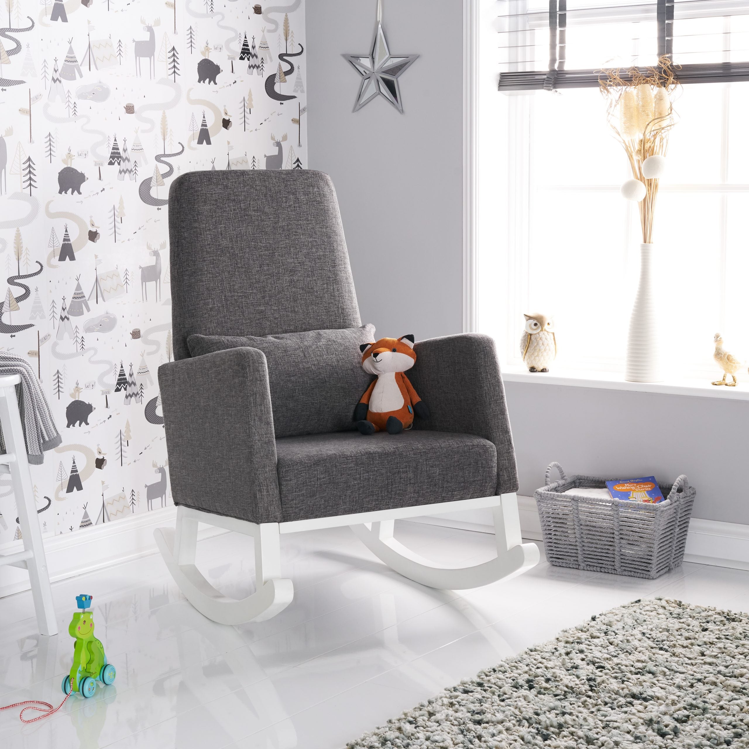 Obaby High Back Rocking Chair - White with Grey Cushion