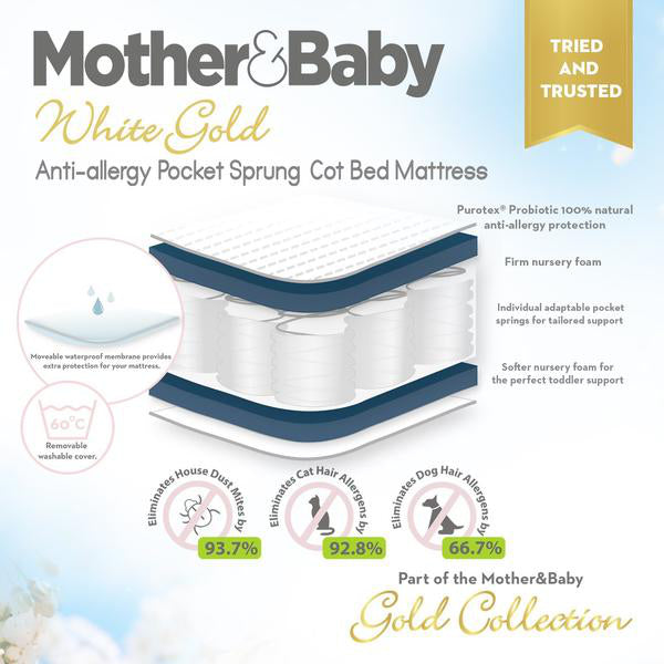 Cuddleco Juliet Cot Bed Dove Grey + Mother&Baby White Gold Anti-Allergy Pocket Sprung Cot Bed Mattress