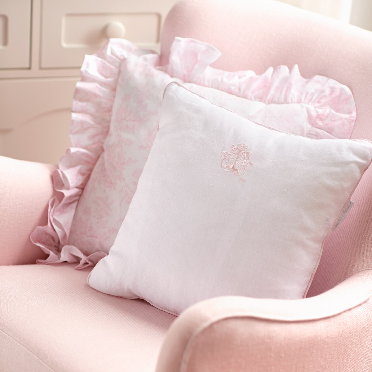 Theophile & Patachou Embroidered Cushion in Cotton - Sweet Pink