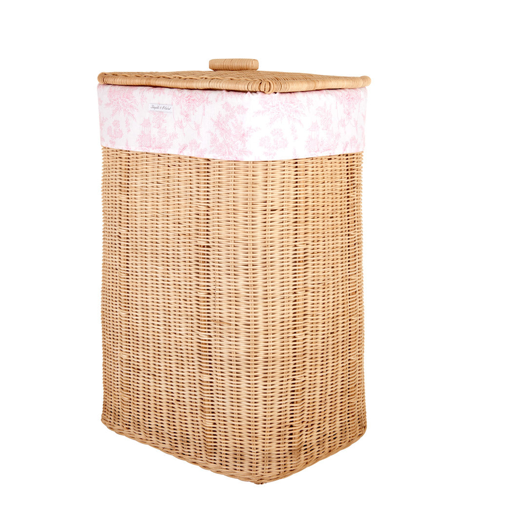 Theophile & Patachou Natural Rectangular Wicker Basket and Cover Linen - Sweet Pink