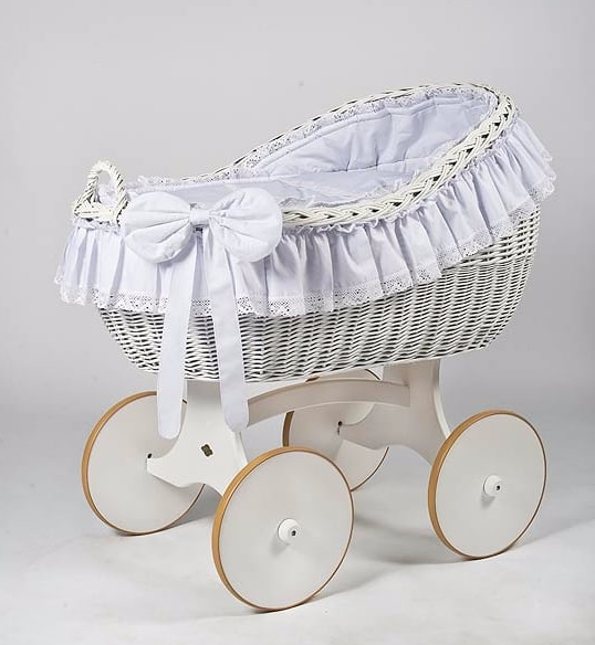 Adorable Tots Bianca White Wicker Cradle With Solid Wheels