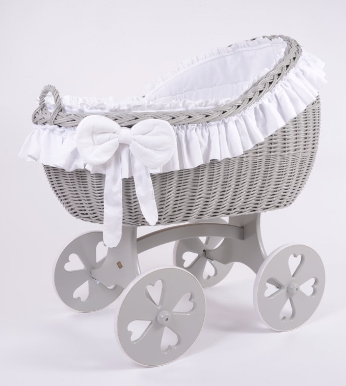 Adorable Tots Bianca Grey Wicker Cradle With Heart Wheels