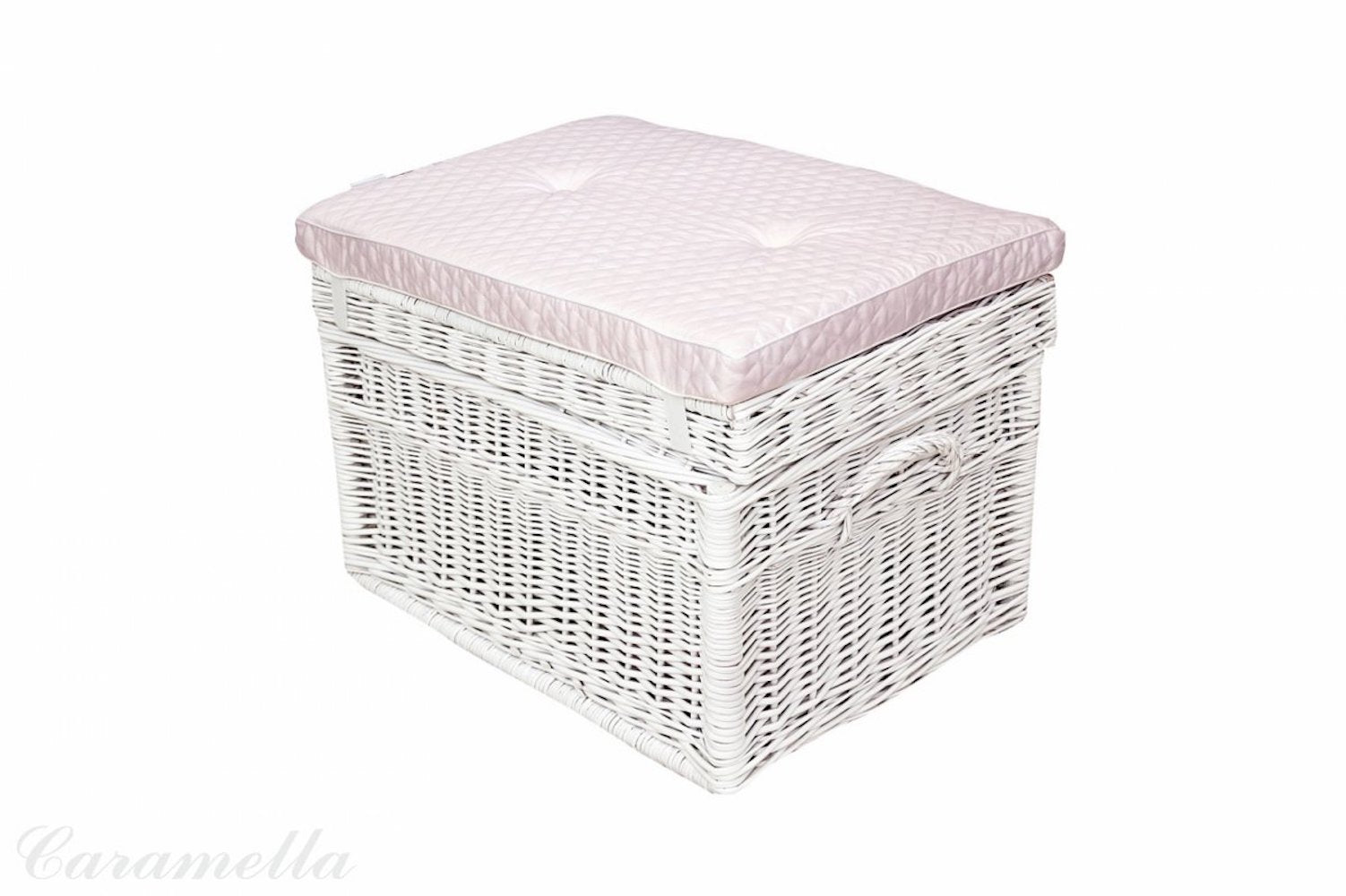 Caramella White Wicker Trunk With Baby Pink Quilted Pillow